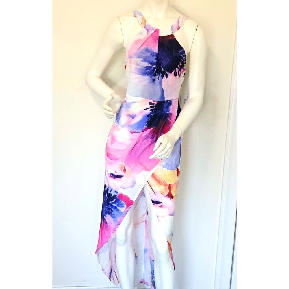 L'atiste by Amy Floral Halter High-Low Maxi Dress Pink Blue Purple Multi Size S